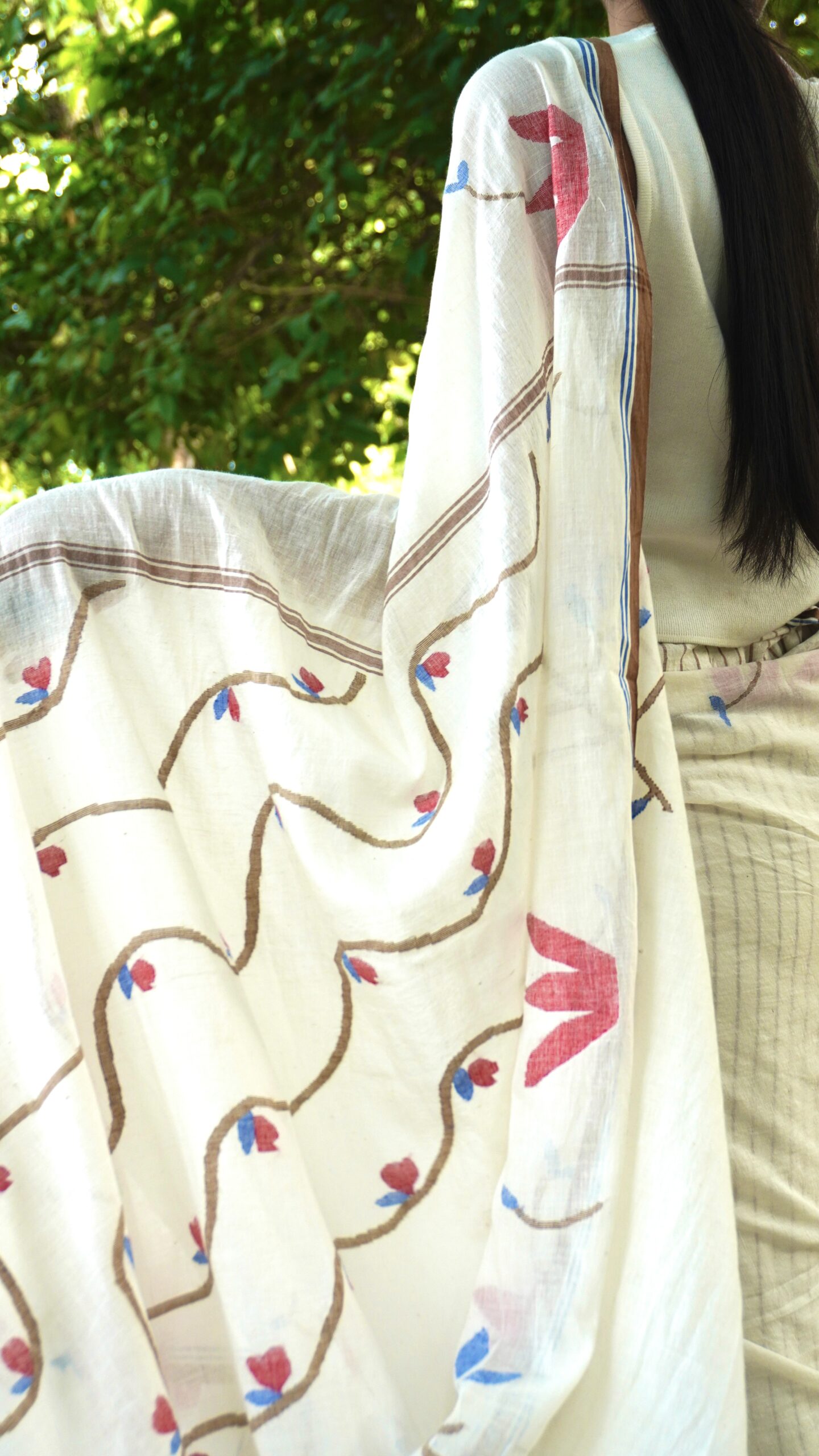 KUMUD- Off White Handwoven Jamdani Saree with Floral Motifs - Image 3