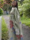 ISHIKA- Sap green handwoven jamdani saree with patterned floral motifs