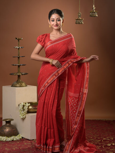 VIBHA - Red handwoven cotton hazar buti jamdani saree