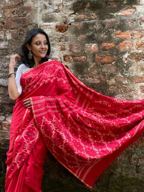 RAKTIMA - Handwoven handspun cotton jamdani saree in vermilion red with intricate jamdani borders and pallu