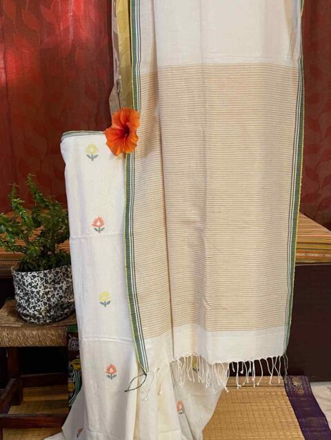 BANI - Off white handspun cotton saree with multi coloured jamdani flowers on the body
