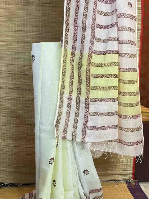 ESHA - Handblock printed pure linen saree with floral patterns