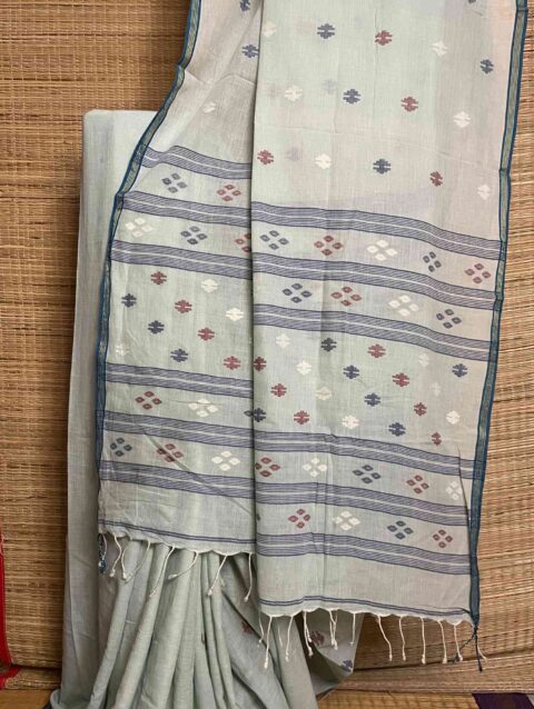 ANUPRIYA - Handwoven handspun cotton jamdani saree in seafoam green with traditional motifs on the body and pallu