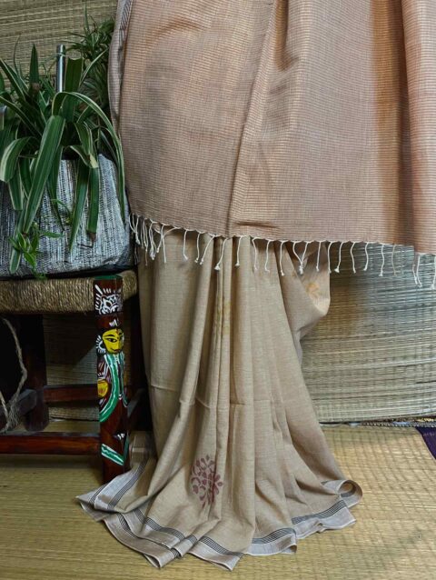 MRITTIKA - Handwoven handspun cotton jamdani saree in earth brown with floral motifs and zari stripes on the pallu