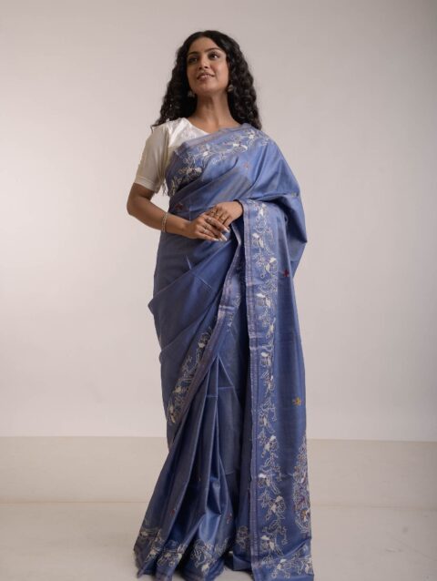 MADHURI - Luscious steel blue silk saree with kantha paisleys on the pallu and intricate kantha floral vines along the borders