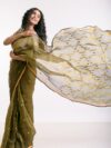 NIHARIKA - Handwoven resham silk jamdani saree with an elaborate pallu and small motifs on the body