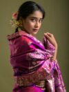 RAJESHWARI - Dual tone rani pink katan silk Baluchari saree with elaborate pallu and ornamental borders