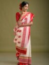 ANANDI - Bengal handloom fine cotton saree in white & red with satin borders and floral motifs